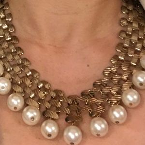 Gold basketweave collar necklace with pearl drops